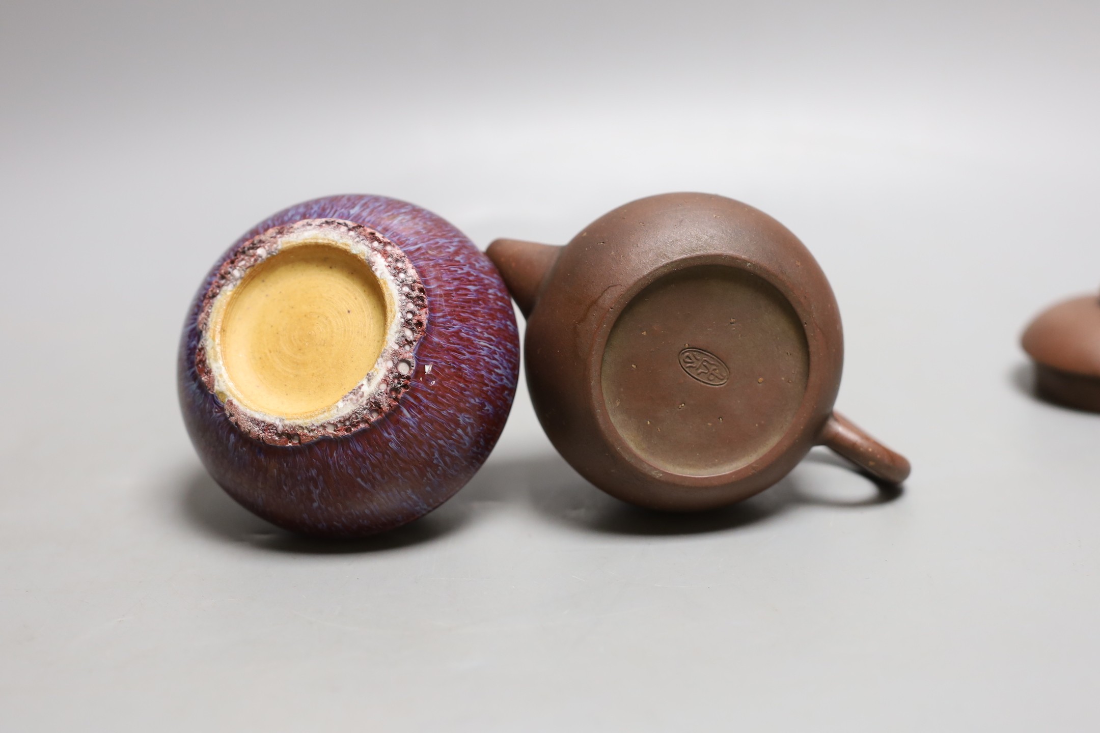 A Chinese flambe waterpot, 6cm tall, and a Yixing teapot